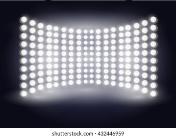Empty scene poster template with shining spotlights. Large multimedia screen. Vector illustration EPS10