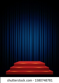 Empty scene with red stage podium and blue curtain. Vector illustration