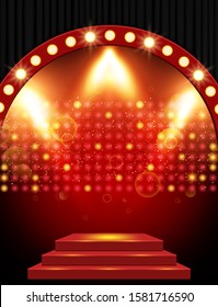 Empty scene with red stage podium and black curtain. Design for presentation, concert, show. Vector illustration