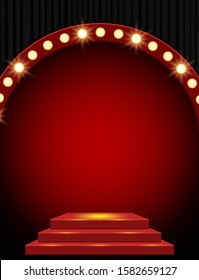 Empty scene with red stage podium and black curtain. Design for presentation, concert, show. Vector illustration