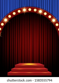 Empty scene with red stage podium and blue curtain. Design for presentation, concert, show. Vector illustration