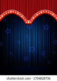 Empty scene with red stage podium, stars and blue curtain. Vector illustration