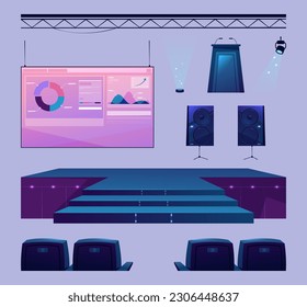 Escena vacía para festival de rock, espectáculo, actuación o presentación, dibujos animados planos. Escenario de concierto vectorial con pantalla iluminada por focos. Estadio de podio con equipos de viaje, música y luz