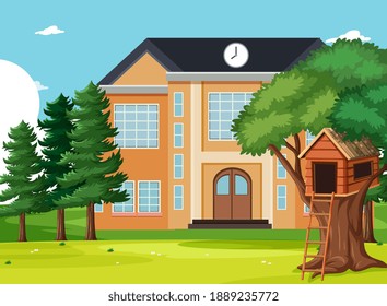 Escena vacía con construcción escolar en ilustración natural