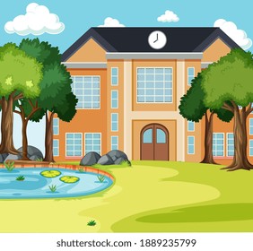 Escena vacía con construcción escolar en ilustración natural