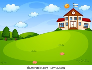 Escena vacía con construcción escolar en ilustración natural