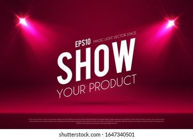 Leere Szene mit leuchtenden Scheinwerfern. Showcase. Zeigen Sie Ihr Produkt.