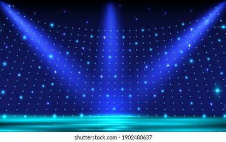 Empty scene of a show with lanterns, abstract background lights, rays. Background wall with neon lines and rays.