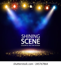 Empty scene with spotlight & colorful lights. Vector illustration