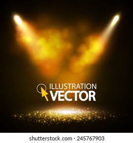 Empty scene with spotlight & colorful lights. Vector illustration