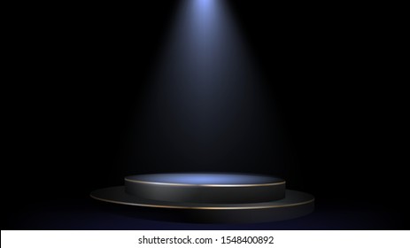 Empty scene with spotlights in a dark room, a black pedestal with backlight