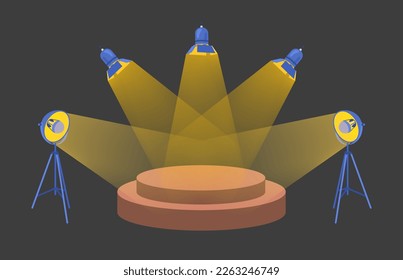 Empty scene in spotlights vector illustration. Round podium or stage illuminated with lights for award ceremony or concert on dark background. Entertainment, show business concept