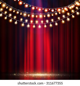 Empty scene with stage curtain & light garland. Vector illustration