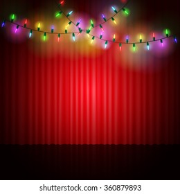 Empty scene with stage curtain and light garland. Vector illustration