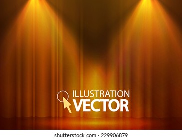 Empty scene with stage curtain & spotlight. Vector illustration