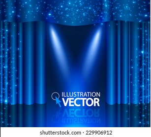 Empty scene with stage curtain & spotlight. Vector illustration