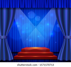 Empty scene with stage podium and blue curtain. Vector illustration