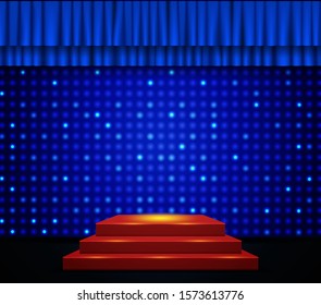 Empty scene with stage podium and blue curtain. Vector illustration