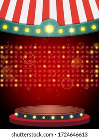 Empty scene with stage podium and circus tent. Design for presentation, concert, show. Vector illustration