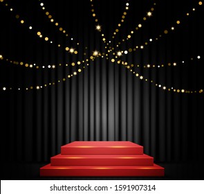 Empty scene with stage podium, garland and black curtain. Vector illustration