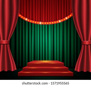 Empty scene with stage podium and red green curtain. Vector illustration
