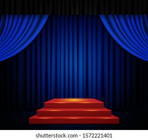 Empty scene with stage podium and red blue curtain. Vector illustration