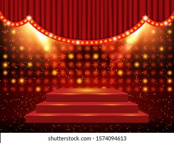 Empty scene with stage podium and red curtain. Vector illustration