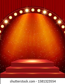 Empty scene with stage podium and red curtain. Design for presentation, concert, show. Vector illustration