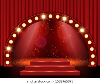 Empty scene with stage podium and red curtain. Design for presentation, concert, show. Vector illustration