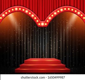 Empty scene with stage podium and red curtain. Design for presentation, concert, show. Vector illustration
