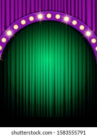 Empty scene with stage and purple green curtain. Vector illustration