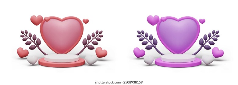 Empty scenes with pink and purple hearts, branches, leaves. Two platforms