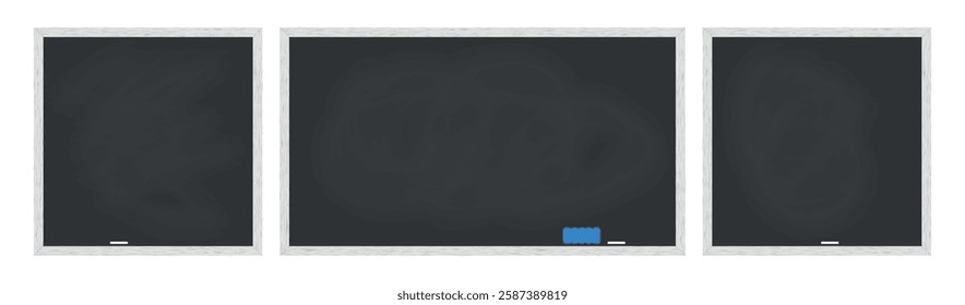 Empty school blackboard, chalk and eraser, wooden frame, classroom board, vector illustration.