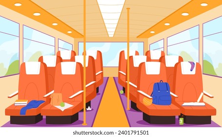 Empty school bus inside, interior of public city transport with seats. Passenger cabin perspective view of chairs rows with books and bags of kids, aisle and windows cartoon vector illustration