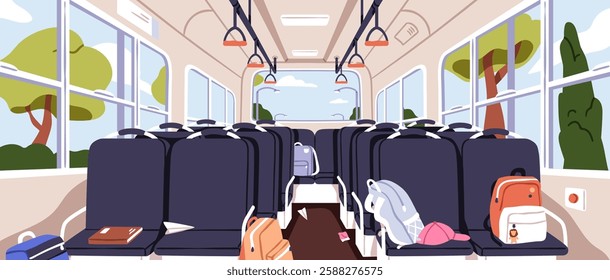 Empty school bus interior with chairs, seats and windows. Public transport for childrens travel. Left backpacks, belongings inside. Kids autobus aisle, schoolbus with bags. Flat vector illustration