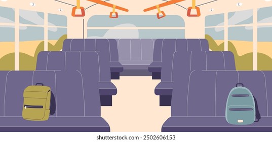 Empty School Bus Interior With Two Backpacks On The Seats. Vector Image Conveys Themes Of Education, Travel