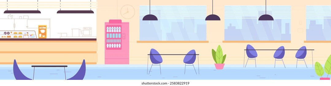 Empty school canteen. College cafeteria, university campus lunchroom restaurant hall hospital buffett kitchen counter dining tables for food cafe room interior vector illustration original artwork