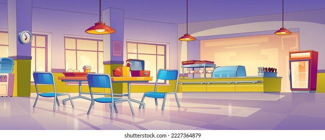 Interior de comedor escolar vacío, ilustración vectorial contemporánea. Comedor limpio para estudiantes de preescolar o universitarios con mesas, sillas, comida y bebidas en nevera. Diseño de la cafetería del hospital