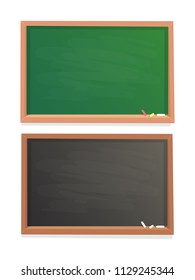 Empty school chalkboard. Black and green chalk retro blackboard rub dirty blank classroom board in old wooden frame sign colorful isolated vector background