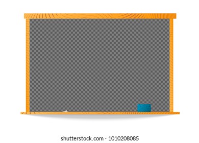 Empty school chalkboard in wooden frame with chalk and sponge on shelf isolated on white