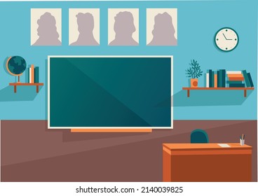 Empty school class room with board desk, shelf, books and clock. Educational concept classroom interior. Training room illustration for advertising, web or internet promotion