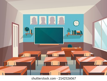 Empty school class room with board desk, shelf, books and clock. Educational concept classroom interior. Training room illustration for advertising, web or internet promotion