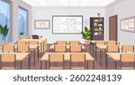 Empty school class room, college or university training room with chalkboard, teacher table, desks, bookshelf, houseplants, clock, chairs. Education concept. Vector illustration Not AI generated
