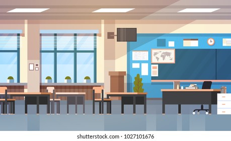 Empty School Class Room Interior Modern Classroom Board Desk Flat Vector Illustration