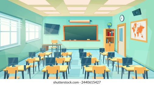 Tablero interior de la sala de clase de la escuela vacía. fondo de educación de dibujos animados. Concepto de educación. sala de formación universitaria o universitaria con pizarra, mesa, escritorios, sillas. Ilustración vectorial en un estilo plano