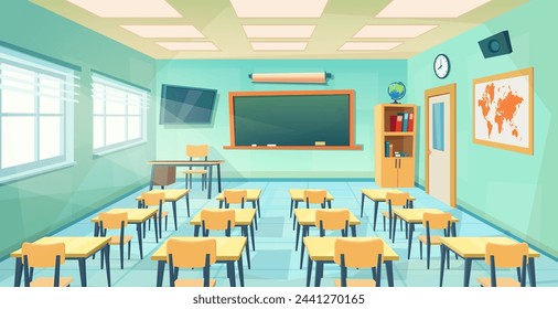 Empty School Class Room Interior Board. cartoon Education background. Education concept. college or university training room with chalkboard, table, desks, chairs. Vector illustration in a flat style