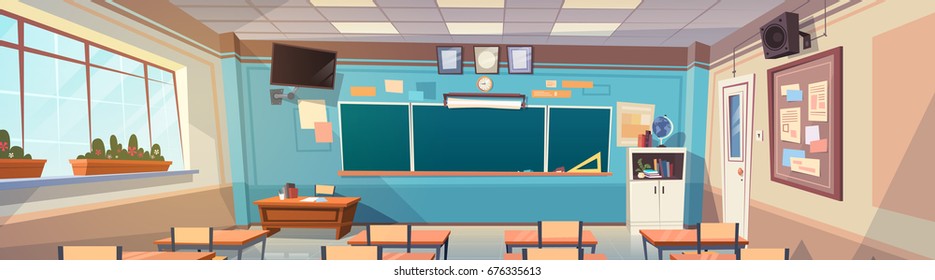 Empty School Class Room Interior Board Desk Horizontal Banner Flat Vector Illustration