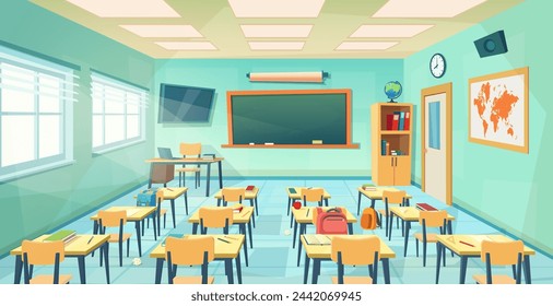 Empty school classroom cartoon . Back to school design template. Education concept. college or university training room with chalkboard, table, desks, chairs. Vector illustration in a flat style