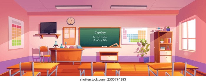 Empty school classroom cartoon illustration. Vector design of interior with desks and chairs, books on shelves, blackboard on wall, multimedia equipment for education and flower pots on windows