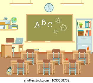 Empty school classroom with chalkboard and desks. Modern class room interior. Vector illustration in flat style